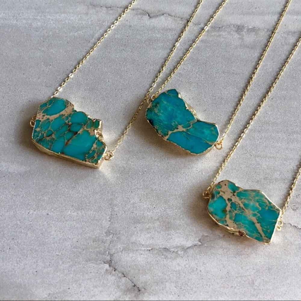 Gold Necklace Sea Jasper Pendant NWT 18k Raw Gem - Picture 4 of 8